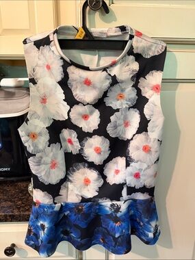 Zara Black Sleeveless Floral Peplum Top with White & Blue Blooms